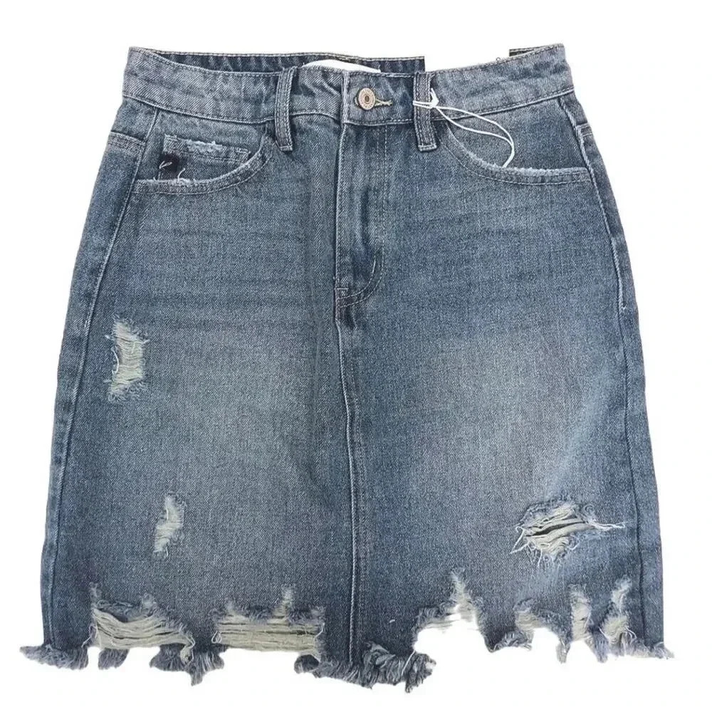 NEW KanCan Women Size Small Blue Distressed Denim Mini Skirt